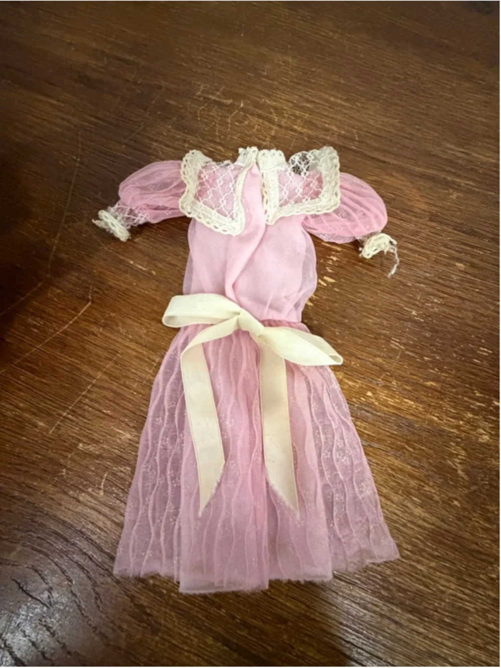 Vintage Barbie Dress Pink Lace Sheer Overlay Ribbon Belt 1960s Style Doll Clothe